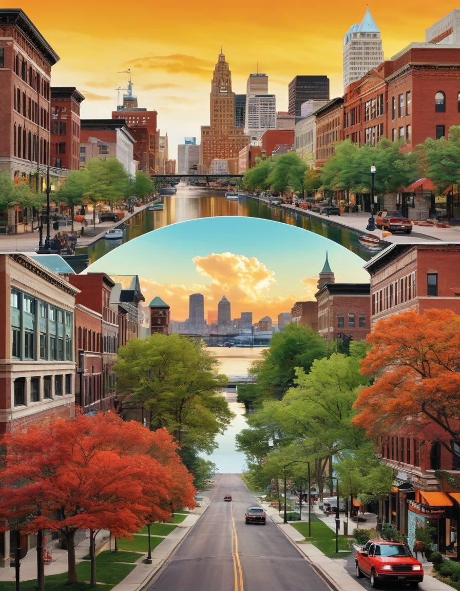 A stunning collage showcasing Buffalo's unique landscape, featuring the iconic waterfront, urban architecture, and lush green parks intertwined with vibrant city life. Capture the essence of the changing seasons with dramatic skies and lively street scenes, embodying the energy of the city. Use a warm color palette to evoke a sense of harmony and community. super-realistic. vibrant colors. white background.