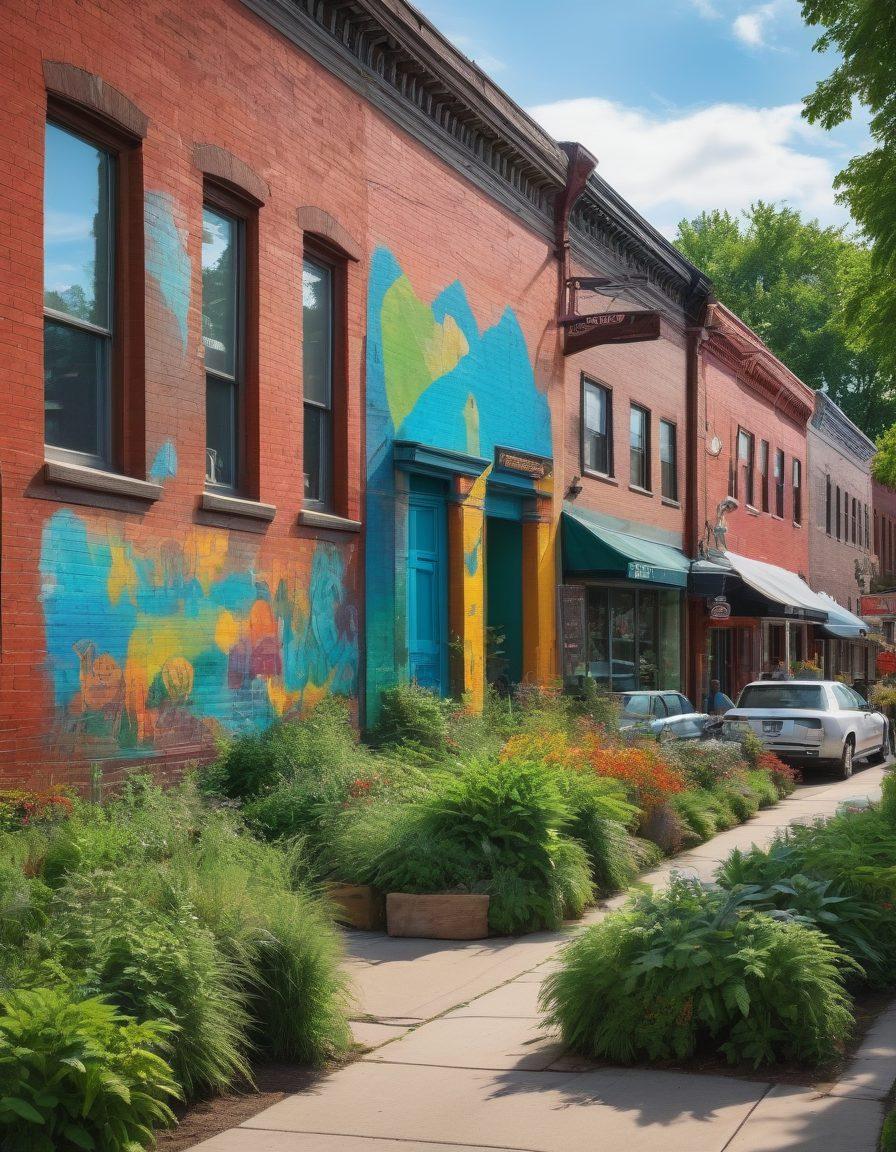 A vibrant street scene in Buffalo showcasing a blend of urban life and natural beauty, featuring colorful murals, local vendors, and lush greenery. Include an artist capturing the essence of the city with a camera, while the backdrop displays historic architecture and scenic landscapes. The mood should evoke a sense of community and storytelling. super-realistic. vibrant colors. cityscape.