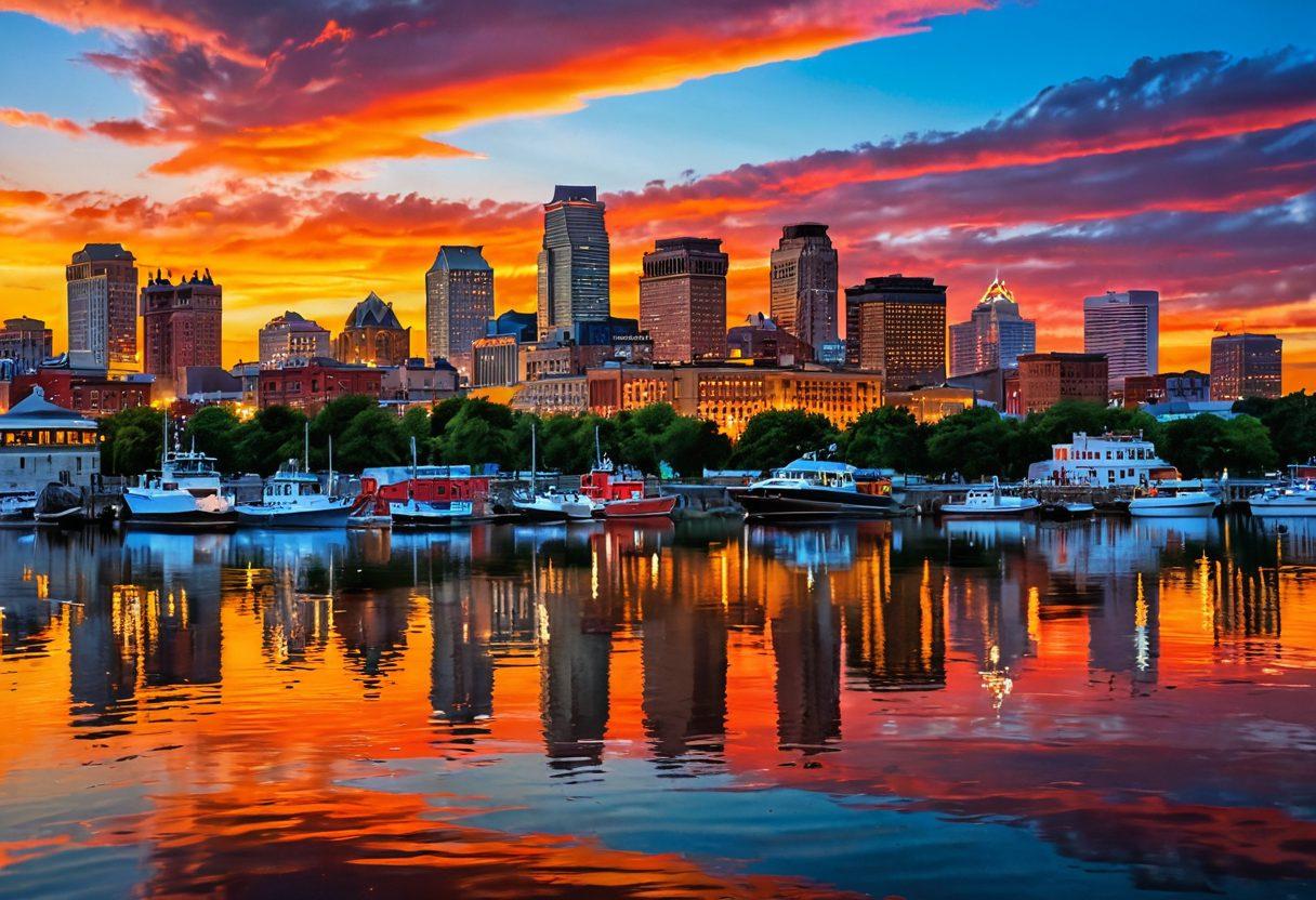 A breathtaking landscape of Buffalo featuring the iconic city skyline and natural waterfront, infused with vibrant sunsets that enhance its architecture. Incorporate local cultural elements such as a jazz musician or a street art mural, showcasing soul and character. Capture vivid emotions through the lens of a photographer in action, surrounded by diverse people sharing stories. super-realistic. vibrant colors. dynamic composition.